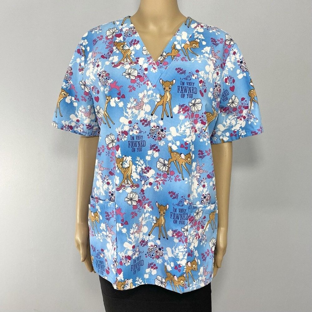 Disney Medical Scrubs Top Womens Size Medium Blue Bambi I'm Very Fawned Of You